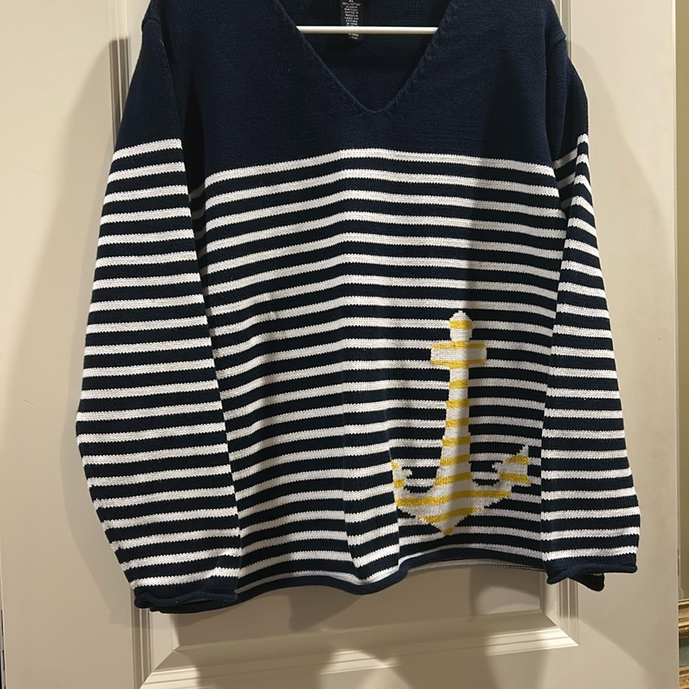 Norton Studio Knit Striped Nautical Anchor applique Vneck sweater long sleeve XL